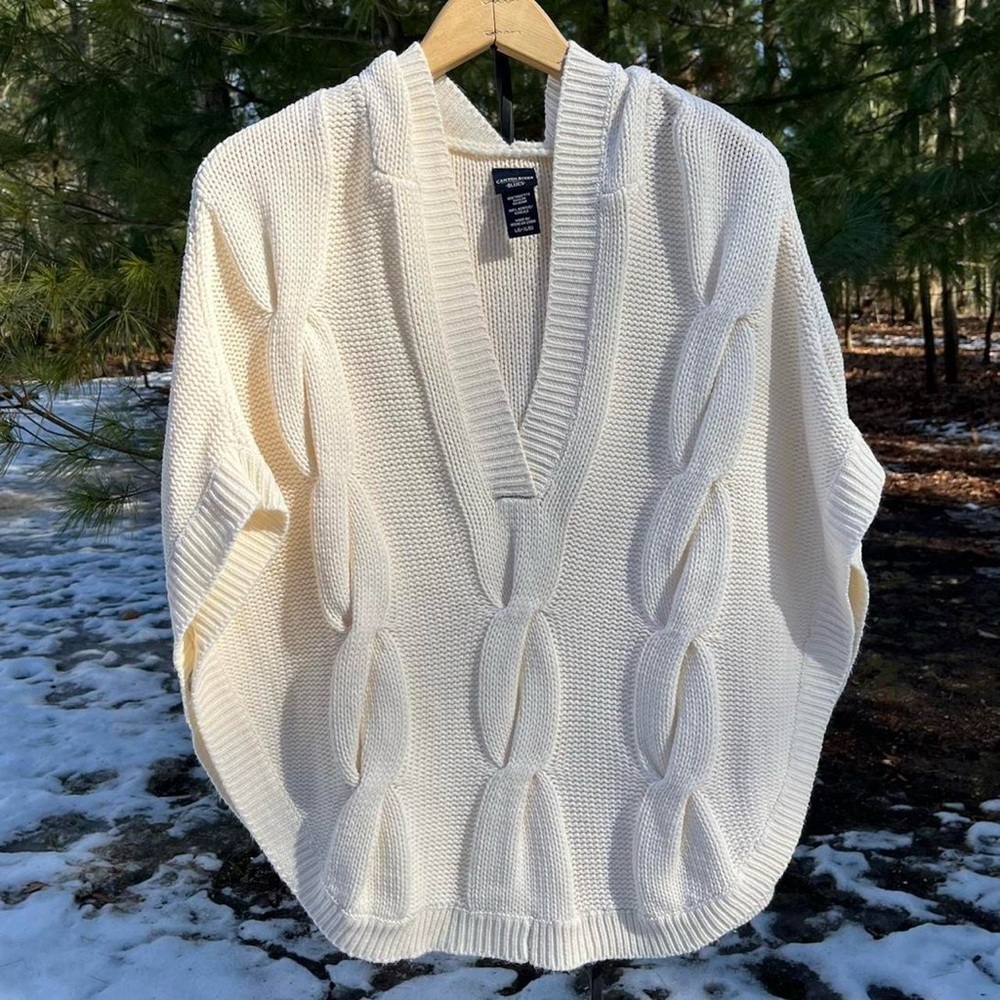 Y2K Canyon River Blues Knit Hooded Poncho Sweater Cream Size L/XL